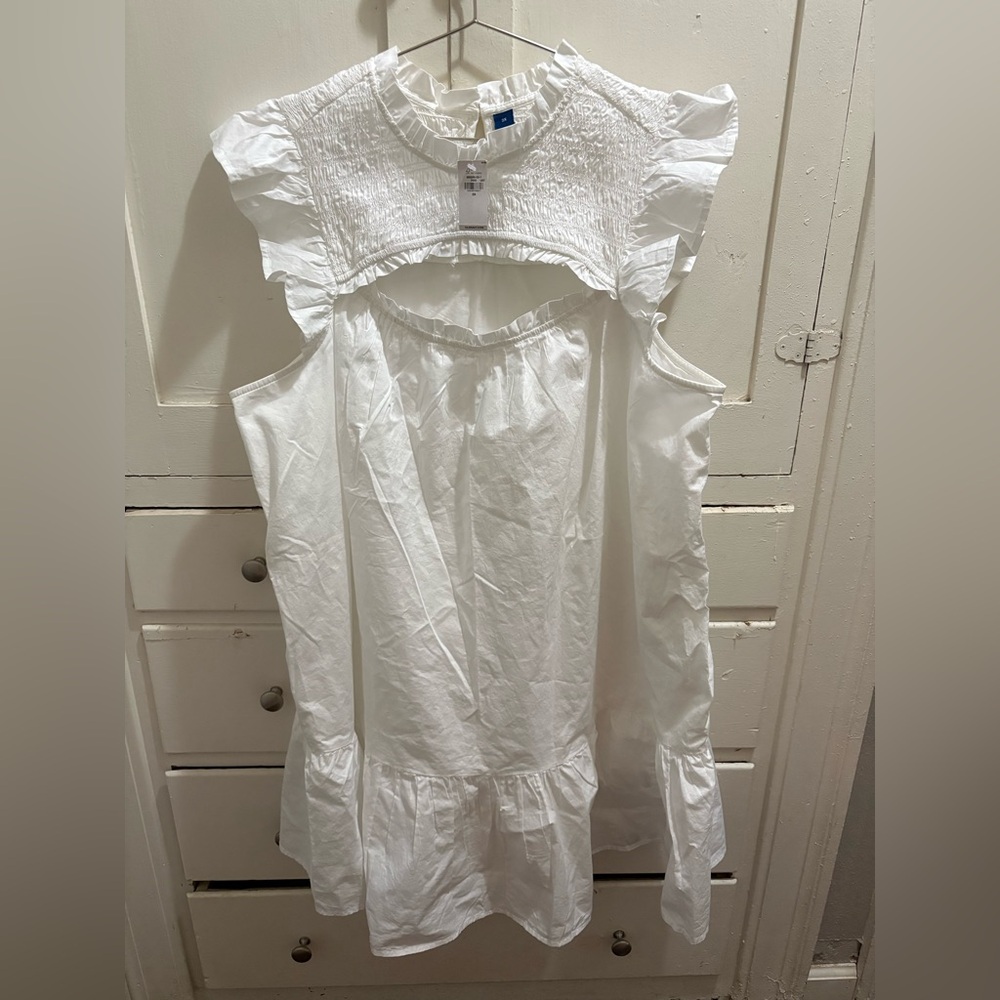 NWT Old Navy 2X White Smocked Peep-Bodice Cotton Flutter-Sleeve Mini Dress